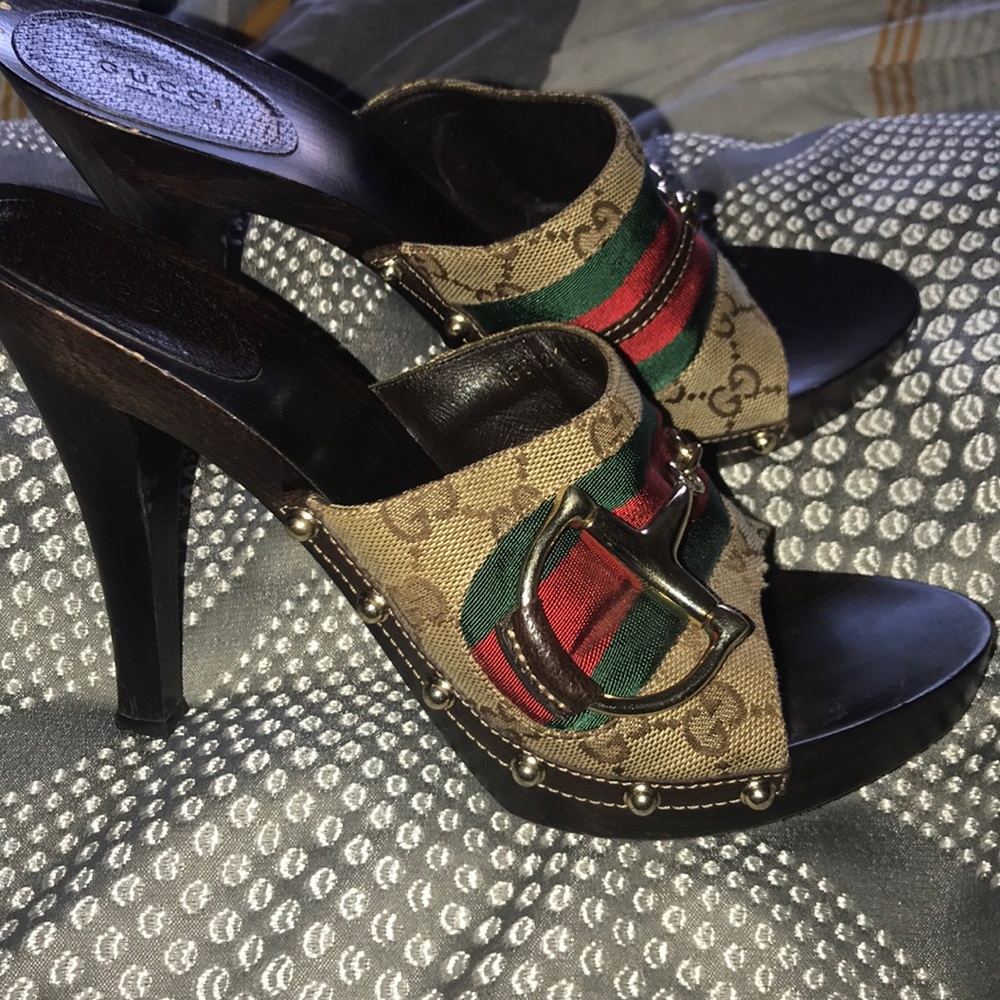 Re-Posh Gucci Brown GG Canvas Red & Green Web High Heel Mule Sandals